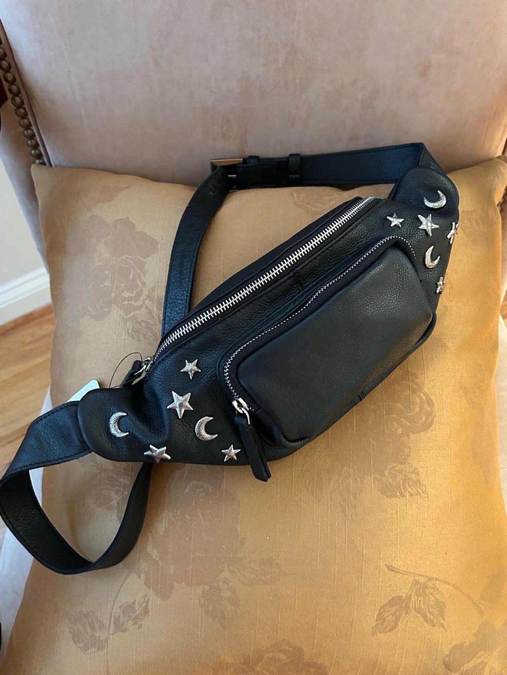 Free People Sonar Star & Moon Studded Black Leather Sling Bag NWT